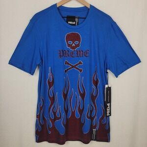 Preme Men Rhinestone Skull Flames‎ Graphic T Shirt Royal Blue L NWT Streetwear